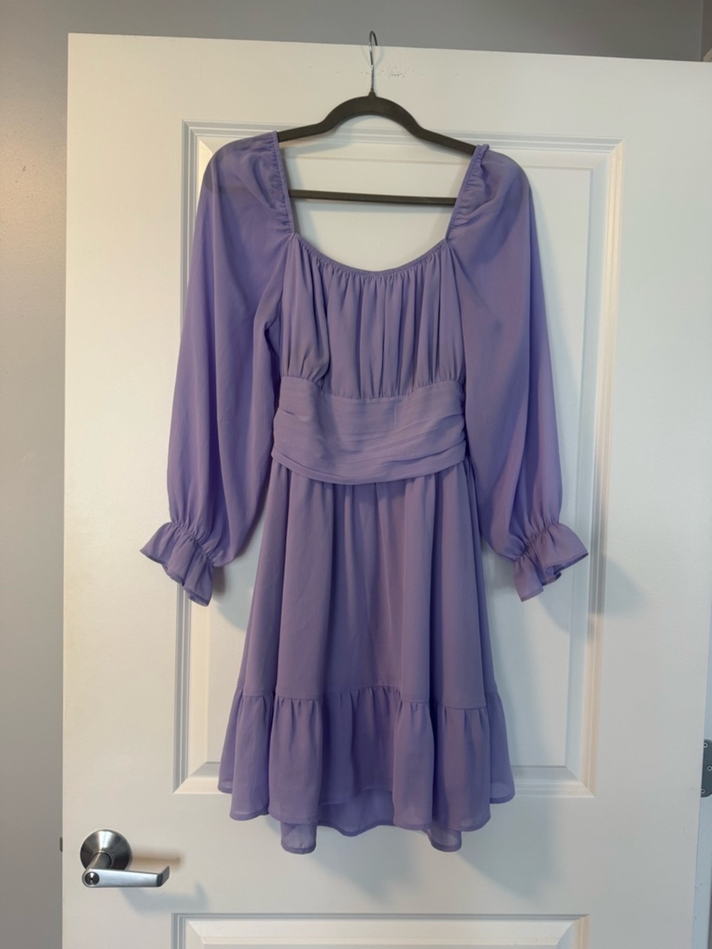 Lilac Long-Sleeve Puff Dress with Ruched Waistband